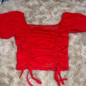 Bright Red Ruched Puff-Sleeve Cropped Blouse